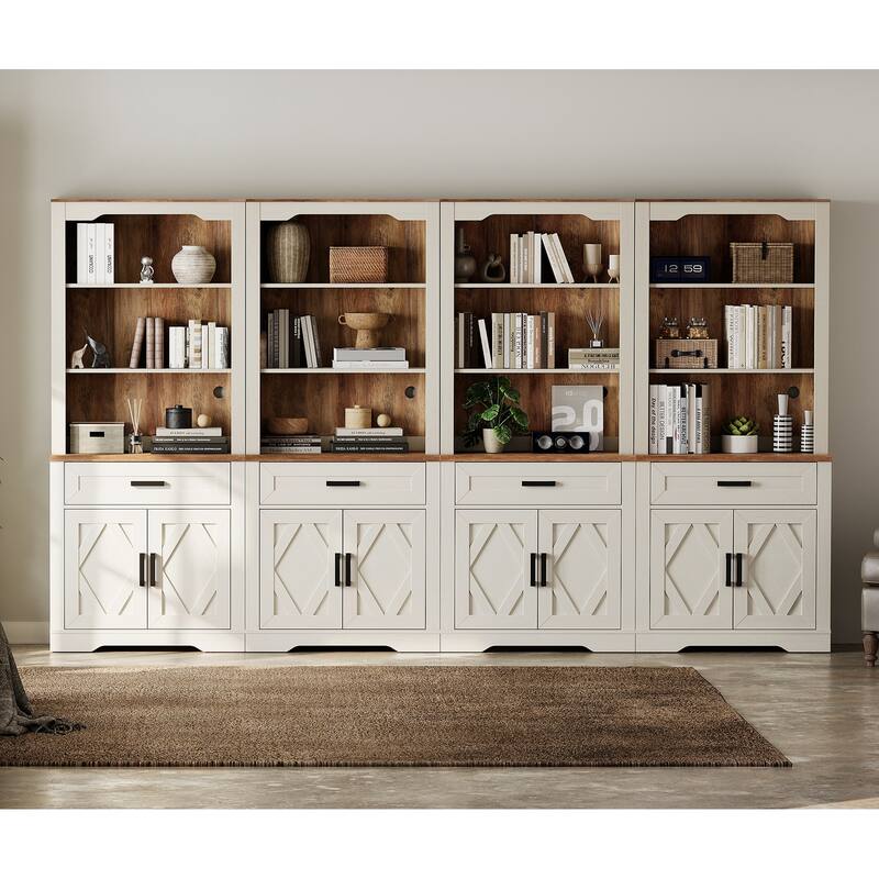 5 Tier 4-Column Bookshelf Set with Open Storage and Glass Doors - Cream White - 4 Open Shelf
