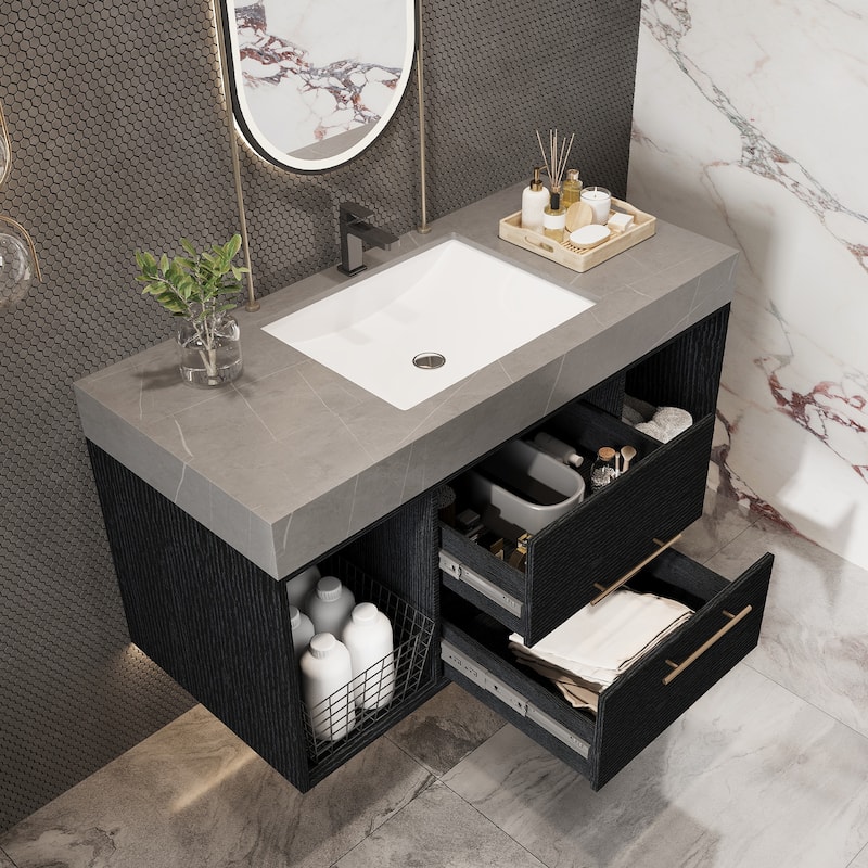 GDFStudio - Modern 39.4" Wall Mounted Floating Sintered Stone Bathroom Vanity with Seamless Ceramic Sink & Soft-Close Drawers