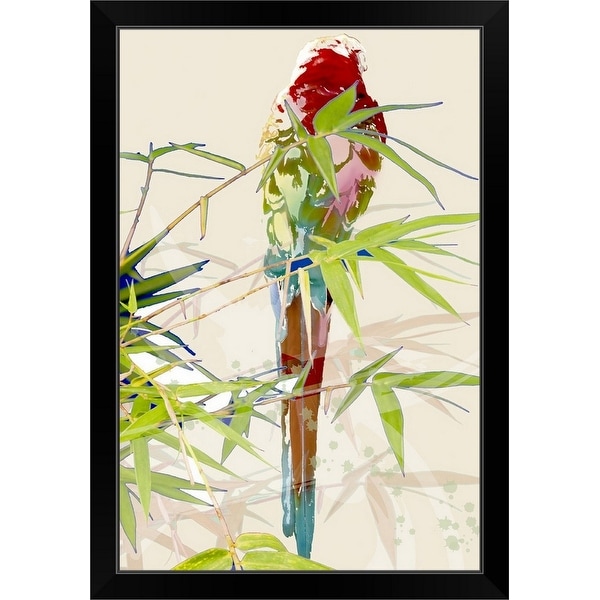 "Bird with Chinese bamboo leaves" Black Framed Print