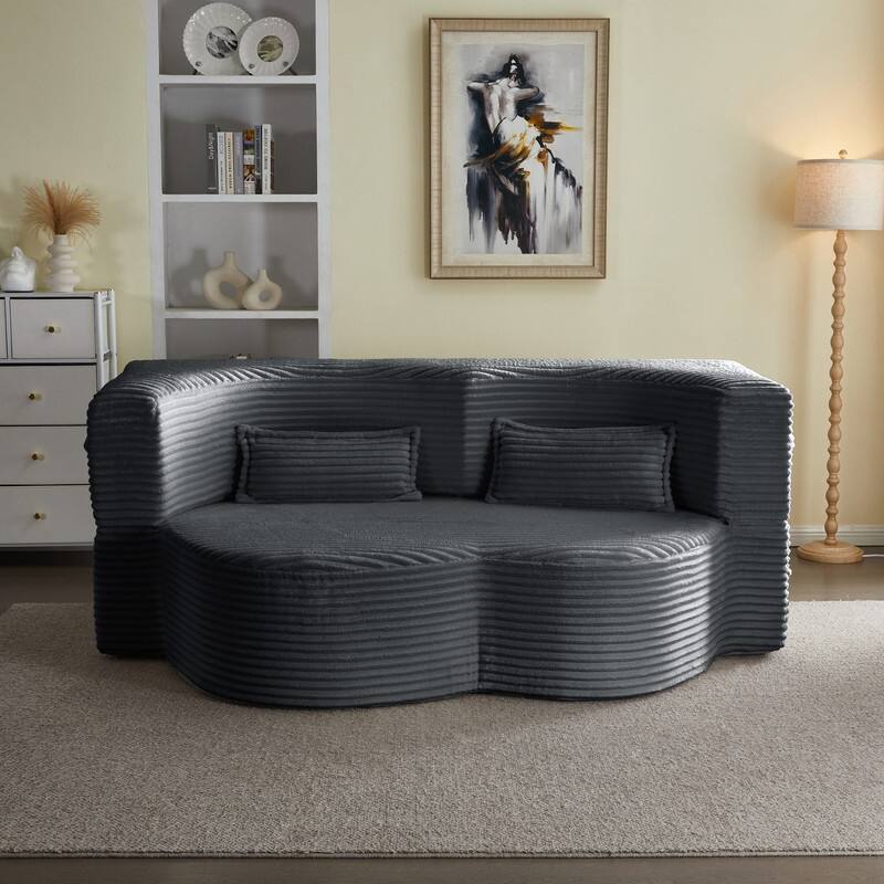 Modern 78" Full Size Convertible Corduroy Foam-Filled Sleeper Sofa,Modern Floor Sofa with 2 Pillows