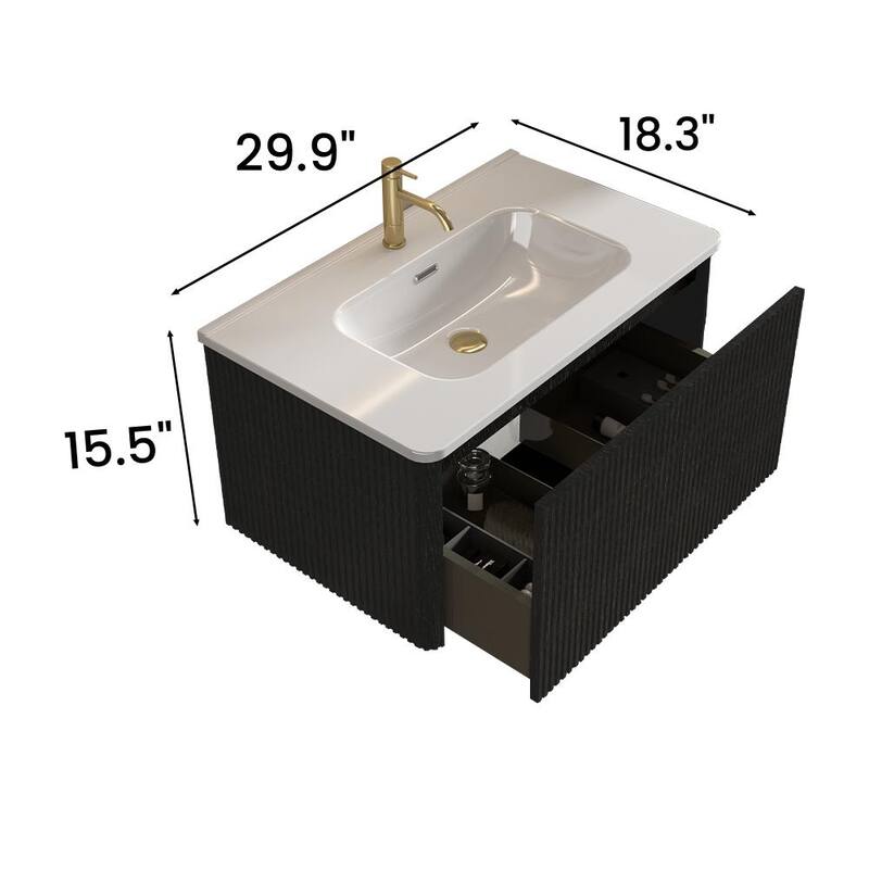 GDFStudio - Etna Floating Bathroom Vanity with Integrated Ceramic Sink, Modern Handle-Free Wall-Mounted Design, Pre-Assembled