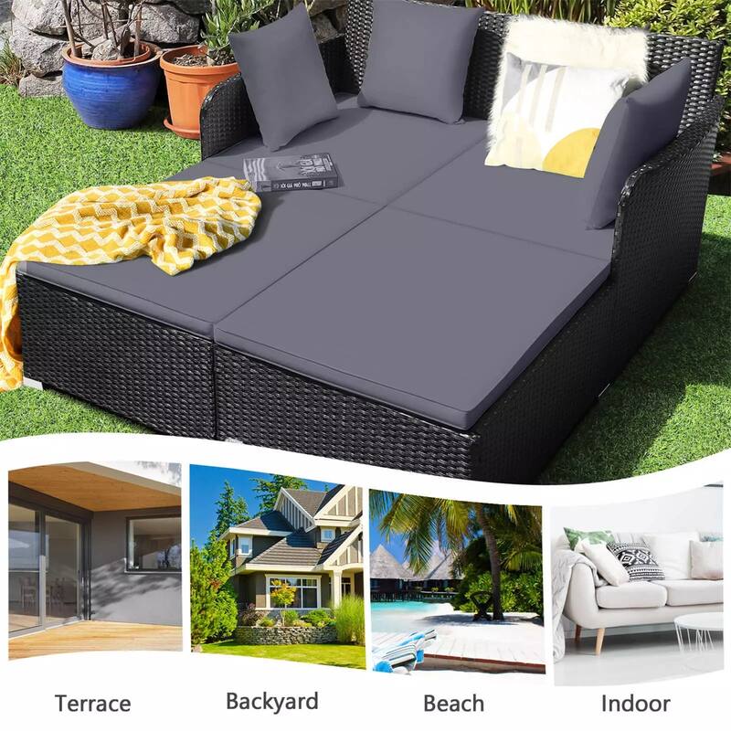 Outdoor Rattan Daybed with Cushions for Patio or Backyard - 61" x 52" x 27.5"
