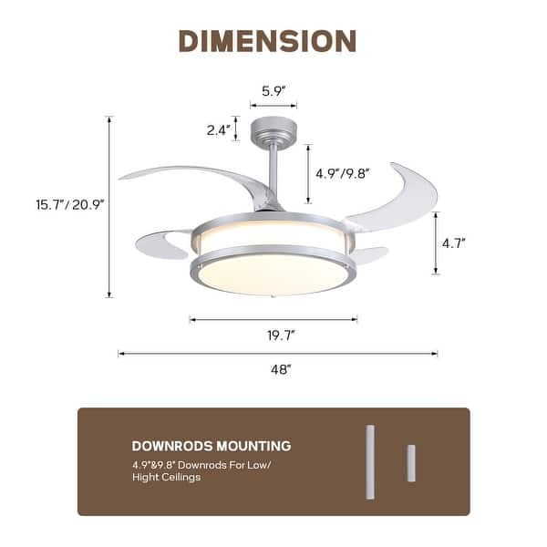 dimension image slide 0 of 2, 48" Modern Retractable Dimmable LED Chandelier Ceiling Fan with Lights and Remote