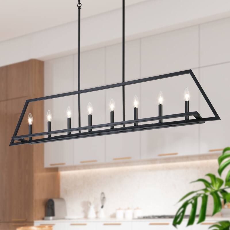 55.1 IN Modern Black Metal 8-Light Linear Geometric Chandelier Kitchen Island Farmhouse Lighting - L55.1" x W7.9" x H11.6"