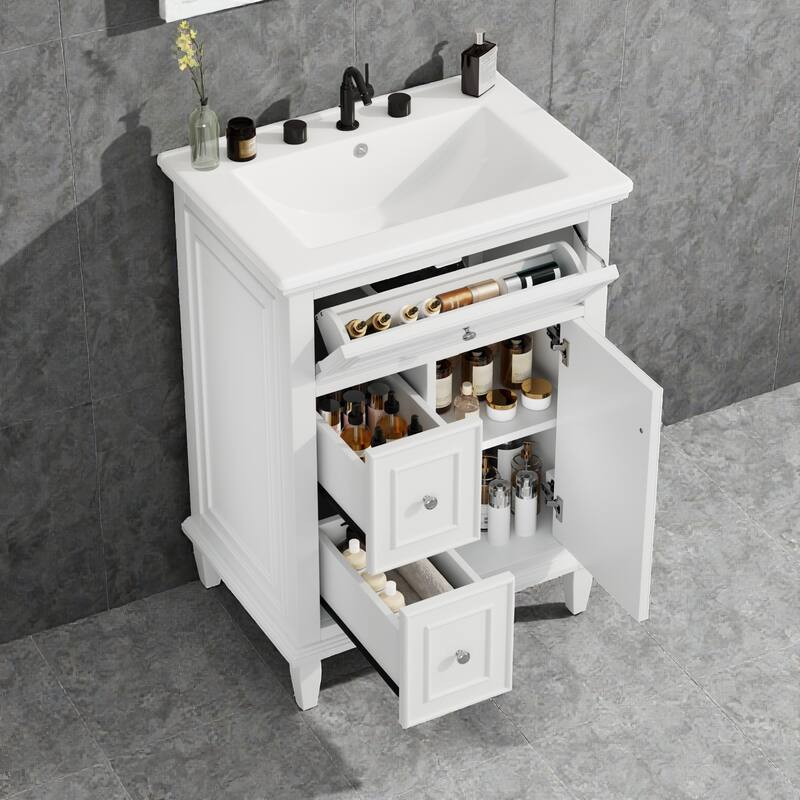 24" Bathroom Vanity with Sink, Flip Drawer & 2 Drawers, Solid Wood Frame, Adjustable Shelf, Ceramic Top