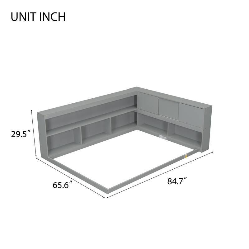 Full Floor Bed with L-shaped Bookcases, sliding doors, without slats for Small Space, Living Room, Apartment
