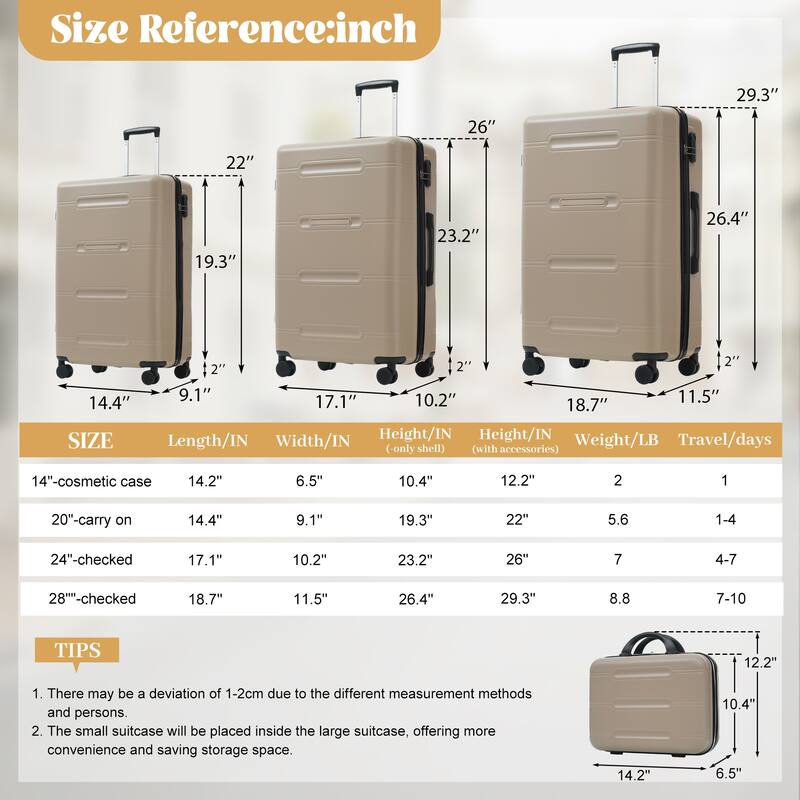 6 Piece Luggage Set, with Double Spinner Wheels Handle Password Lock, 14 IN Cosmetic Case 20/24/28 IN Luggages with Bag
