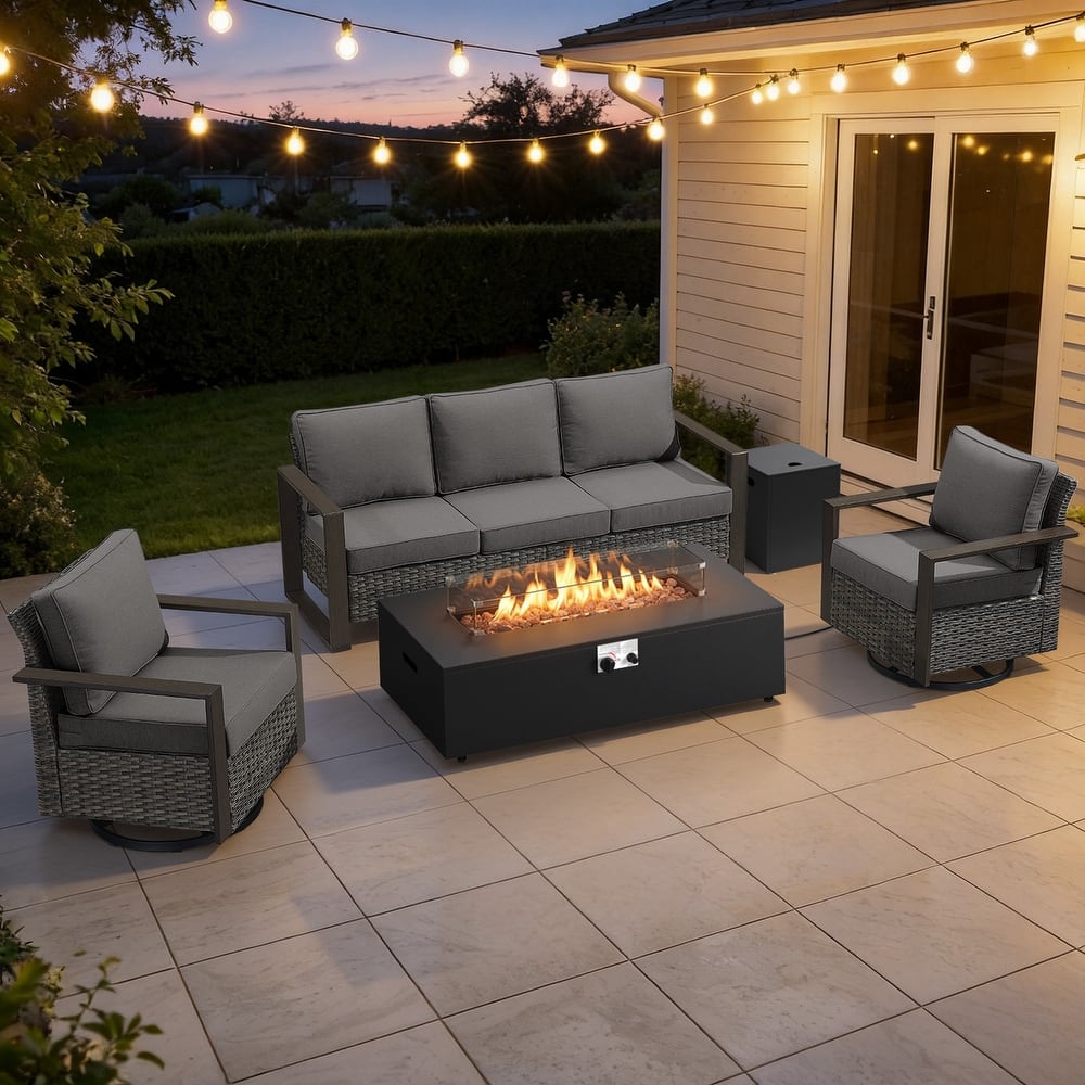 Meyreso Wicker Outdoor Patio Fire Pit Set with Swivel Gliders & 4.5-Inch Olefin Cushions