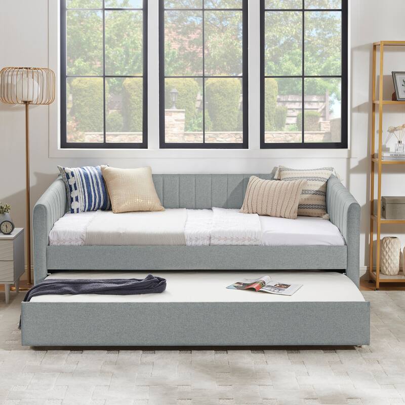 Roomfitters Twin/Full Daybed with Trundle Upholstered Sofa Bed Frame with Vertical Stripes Linen Design, Grey