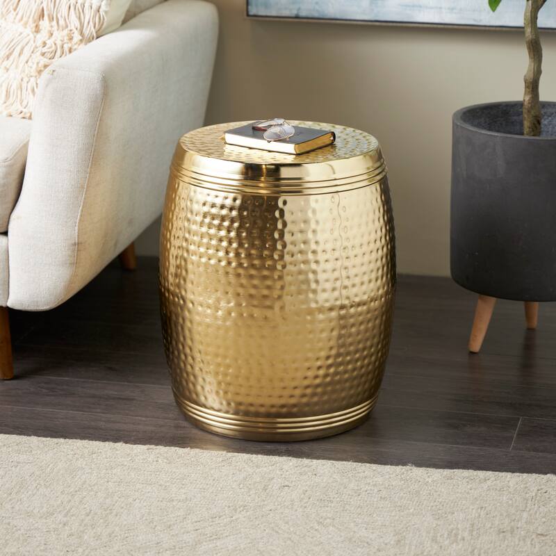Gold or Silver Metal Hammered Drum Accent Table with Grooves - Gold