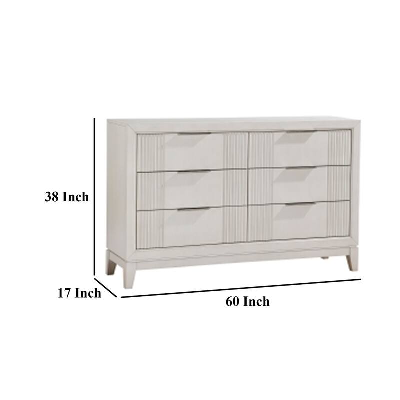 Flo 60 Inch Dresser, 6 Drawers, Antique White Wood, Chrome Handles