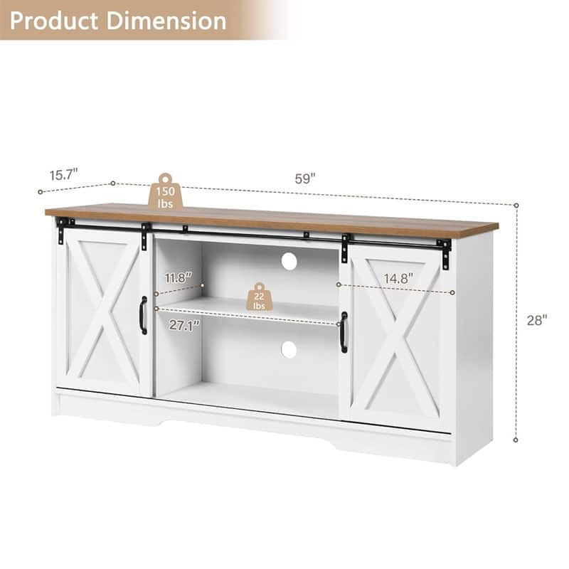 Modern Farmhouse Wood TV Stand for TVs up to 58 inches, with Sliding Barn Doors, 3 Adjustable Shelves