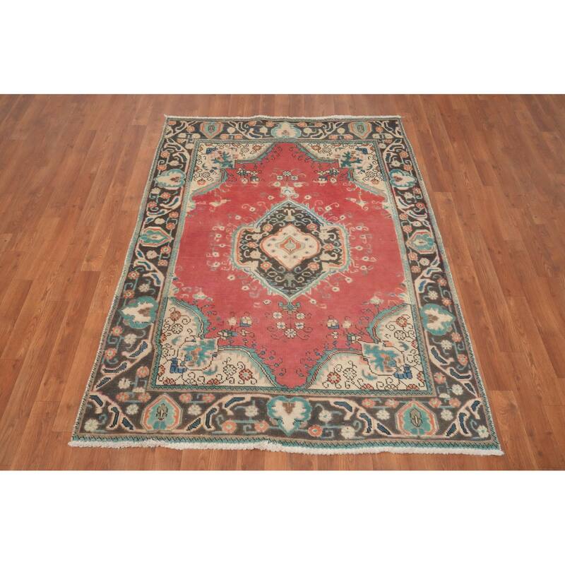 Hand Knotted Oriental 100% Wool Carpet Traditional Medallion Pink Tabriz Area Rug - 5' 9'' X 4' 3''