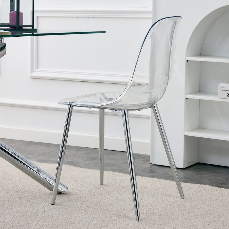 Roomfitters Transparent Plastic Dining Chairs with Silver Metal Legs, Armless Crystal Style Makeup or Office Set of 6