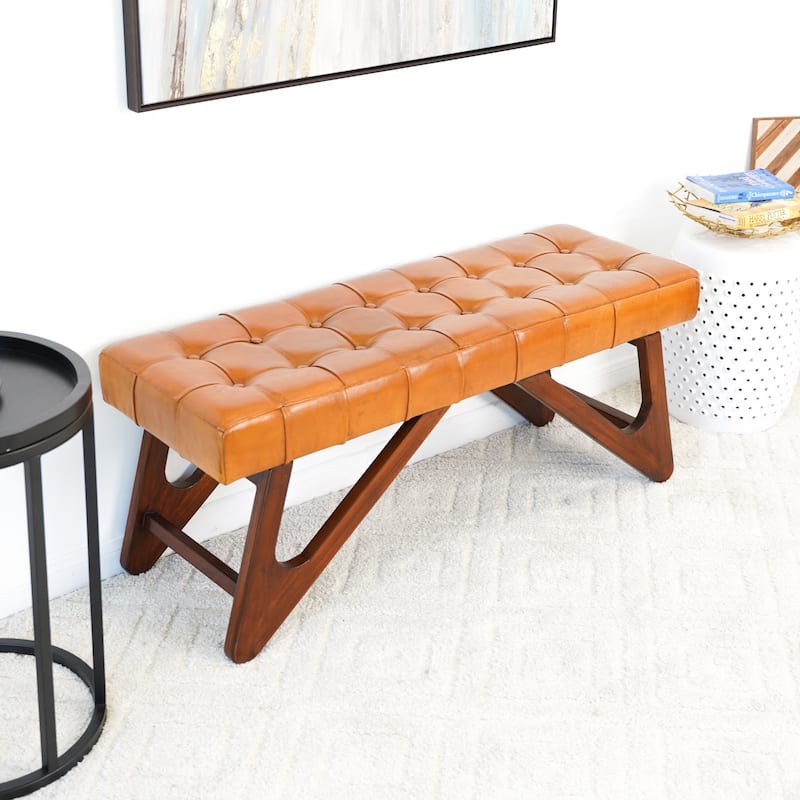 GDFStudio - Mia Modern Mid-Century 47" Genuine Leather Bench with Button Detail & Solid Wood Frame - 15.4"W