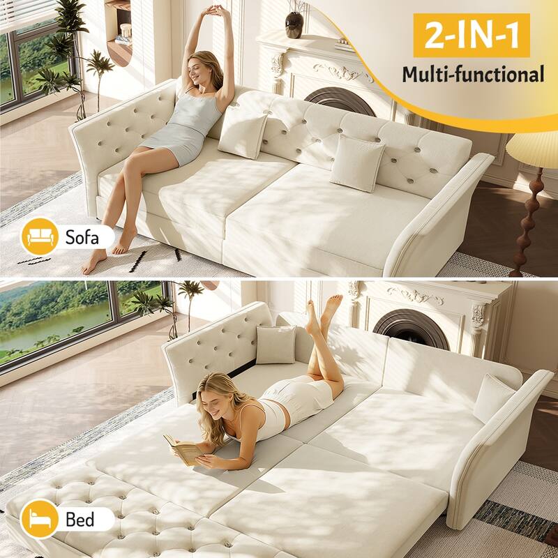 74.4" Queen Pull Out Sofa Bed with Tufted Velvet Fabric - Convertible Sleeper for Living Room, Apartment