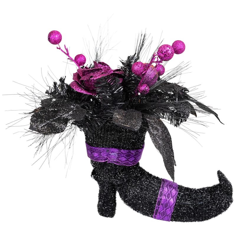 12" Black Witch's Boot Purple Glittered Roses Halloween Decoration