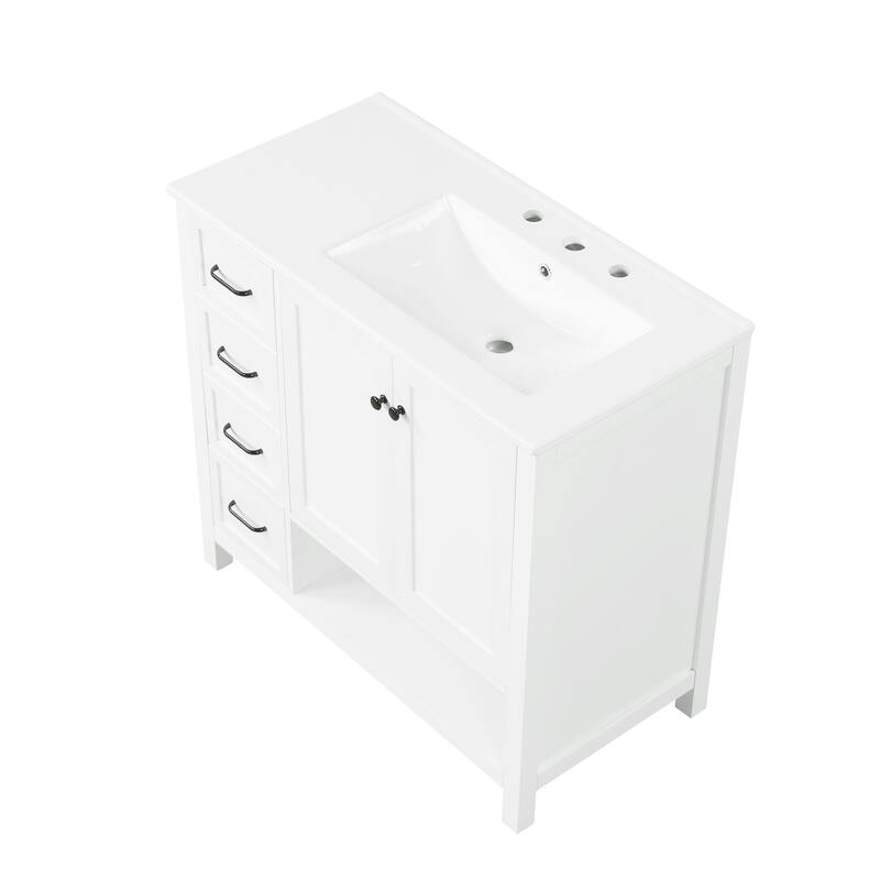 Roomfitters 36" Bathroom Vanity with Sink, Right-Side Basin, Solid Wood Frame, 2 Doors, 2 Drawers & Open Shelf