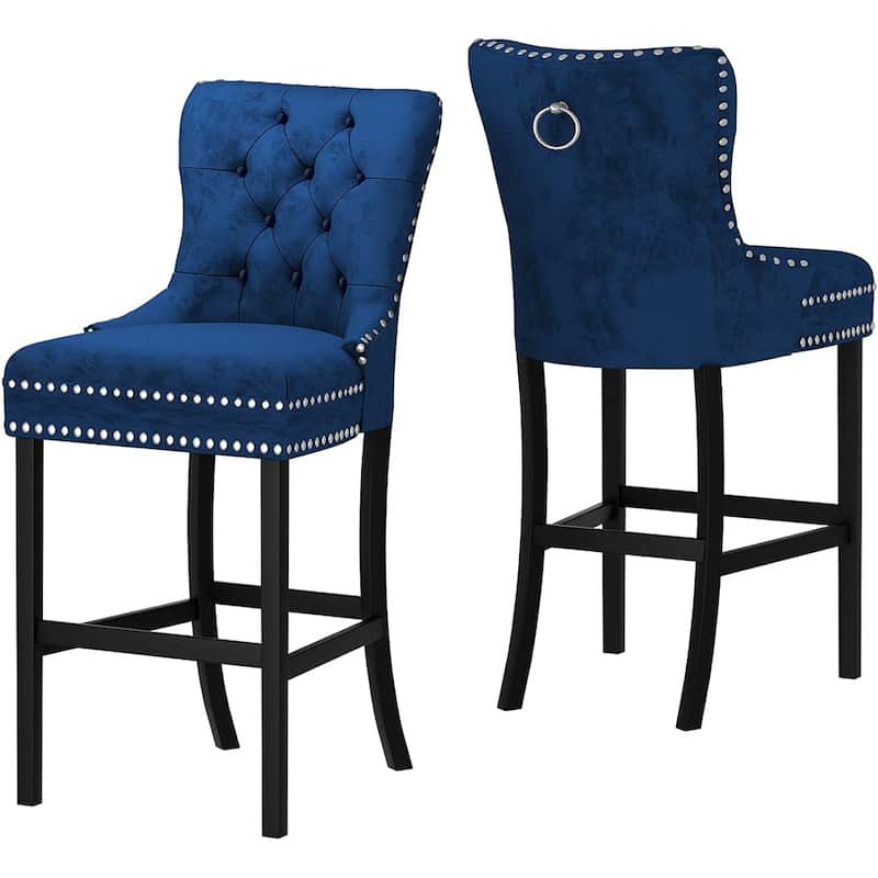 Mieres Farmhouse Kitchen Island Stools, Velvet Tufted Bar Stools with Back and Footrest (Set of 2) - N/A