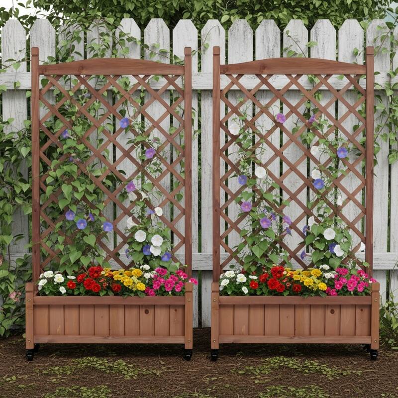 Set of 2 Portable Wood Planter Garden Bed with Wheels Drainage Trellis