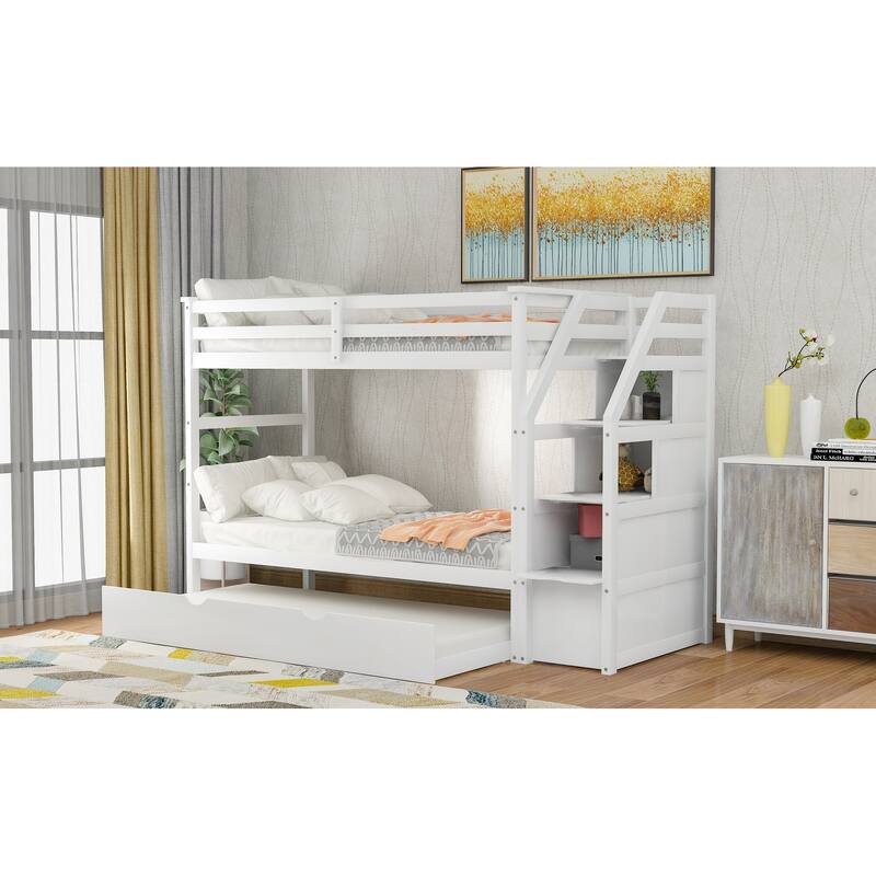 Twin-Over-Twin Bunk Bed with Trundle and Storage Stairs, White