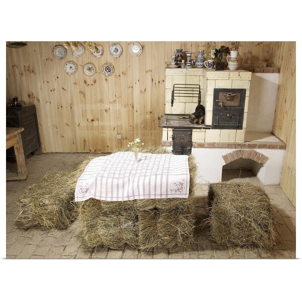"Farmhouse kitchen with haybales for table" Poster Print