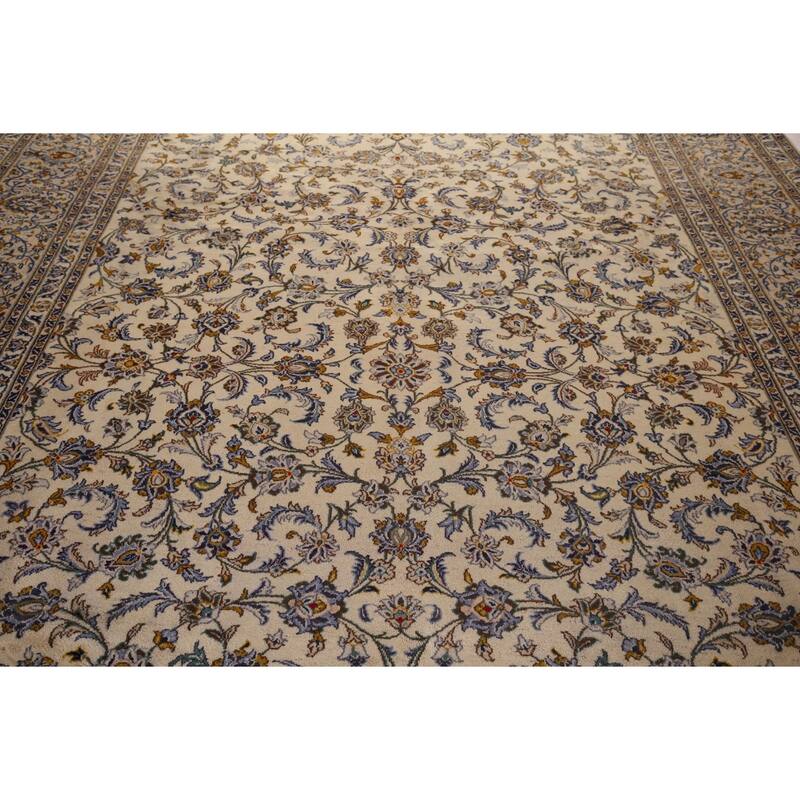 Ivory Floral Kashan Persian Vintage Area Rug Handmade Wool Carpet - 9'10"x 13'2"