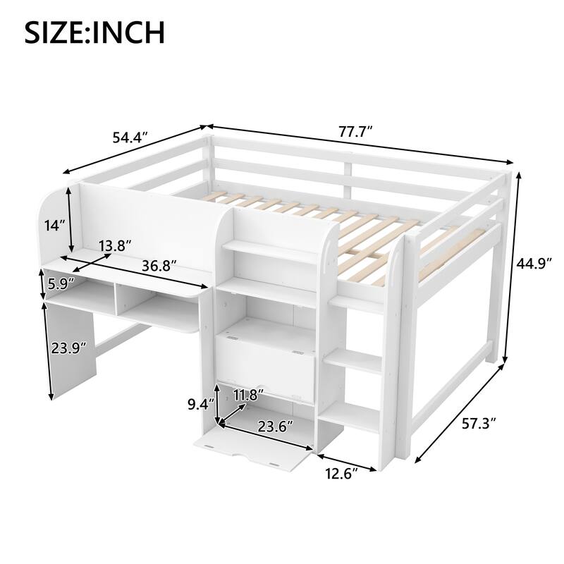 Full Size Low Loft Bed with Built-in Desk,Storage Cabinets and Open Bookcase,Whiteboard for Graffiti