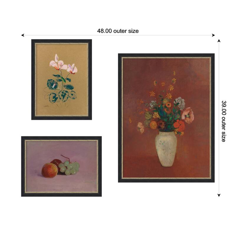 Kate and Laurel Cyclamen, Still Life Fruit, & Bouquet Vase Odion Redo 3 Piece Framed Wall Art Print by Nostalgia Prints