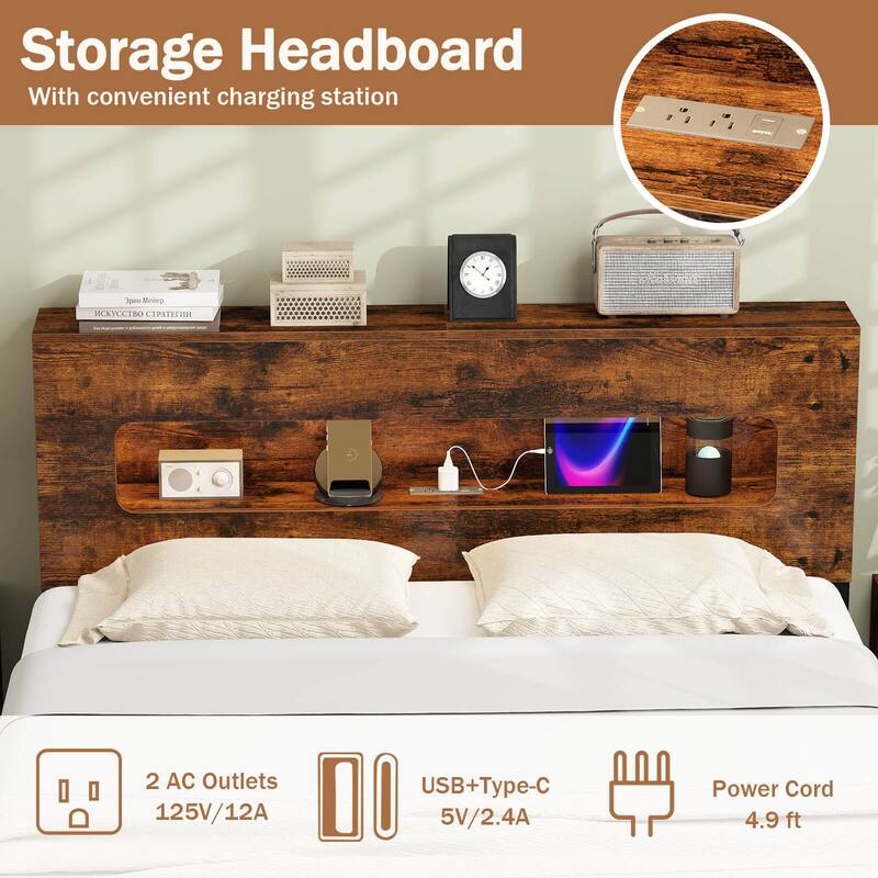 Costway Full Bed Frame with LED Lights Storage Headboard Power Outlets
