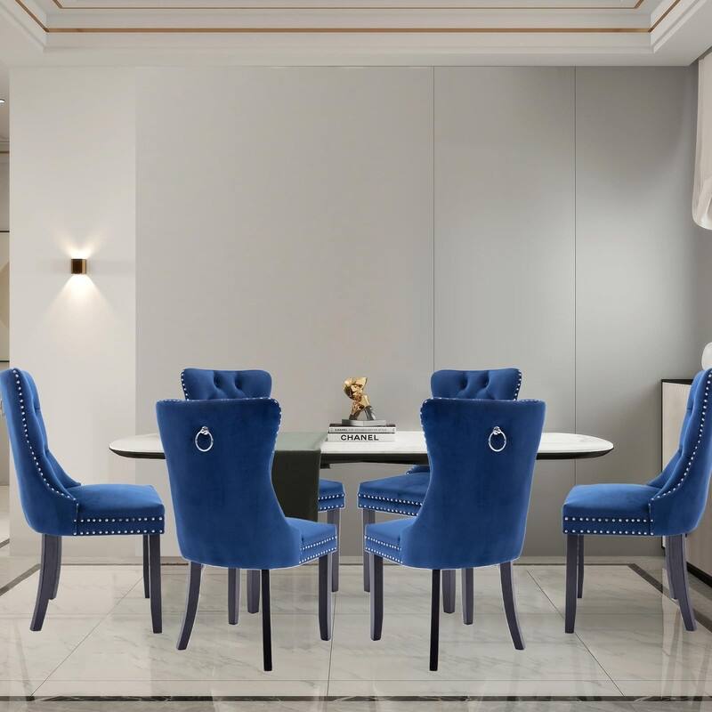 Tufted Naliheads Solid Wood Upholstered Dining Chairs Set of 6 - Navy BlackLegs