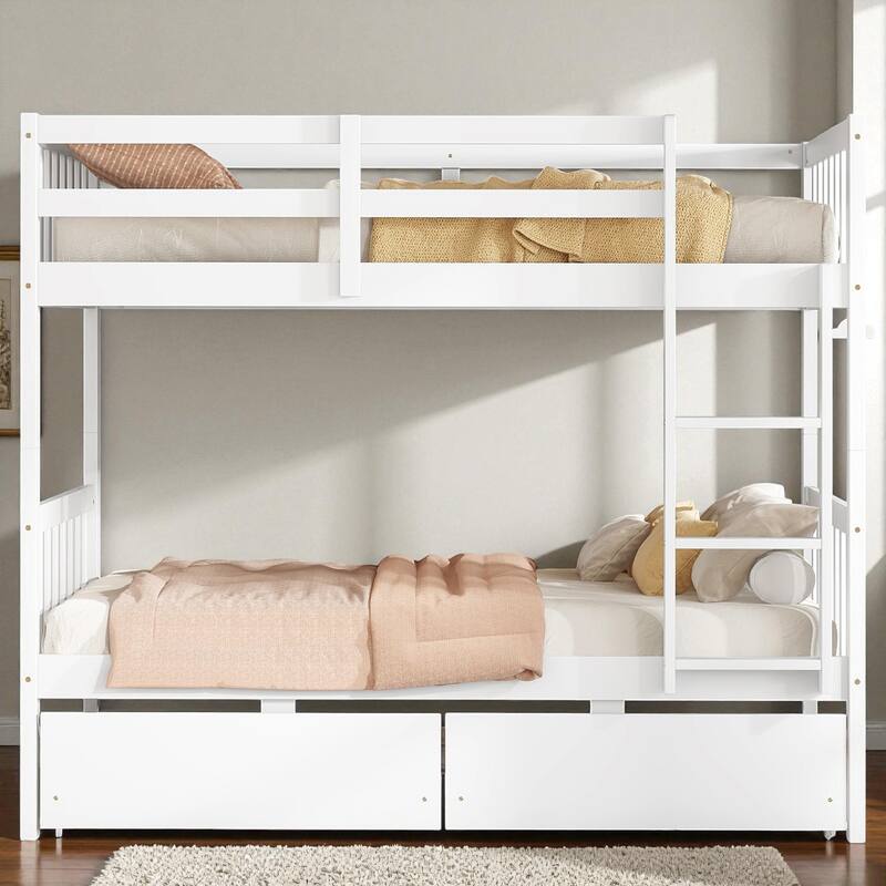 Twin Over Twin Rubber Wood Bunk Bed with 2 Drawers, Convertible into 2 Twin Beds, Ladder and Safety Guardrails
