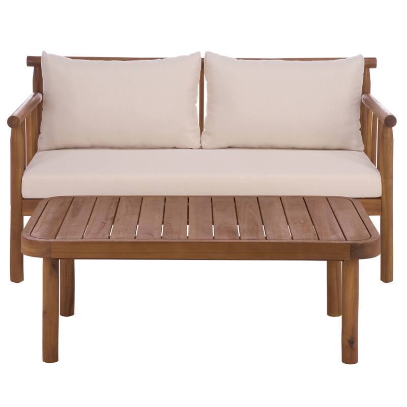 SAFAVIEH Outdoor Living Cardori Bench and Table - 54"W x 27"D x 29"H - Teak Brown/Cream