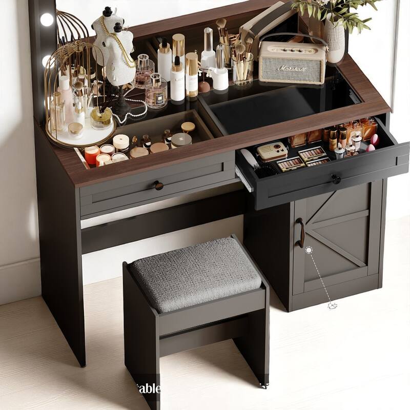 43.4" Makeup Vanity Table with LED Mirror & Stool - 3 Drawers, Adjustable Brightness, Dressing Desk