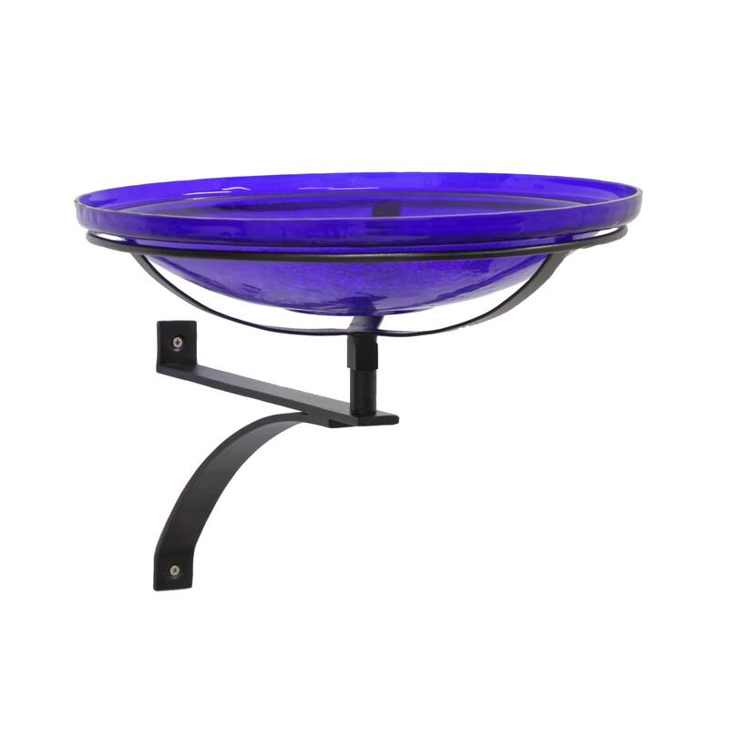Achla Designs 14"Dia. Round Crackle Glass Birdbath w/Black Wrought Iron Wall Mount Bracket - Blue