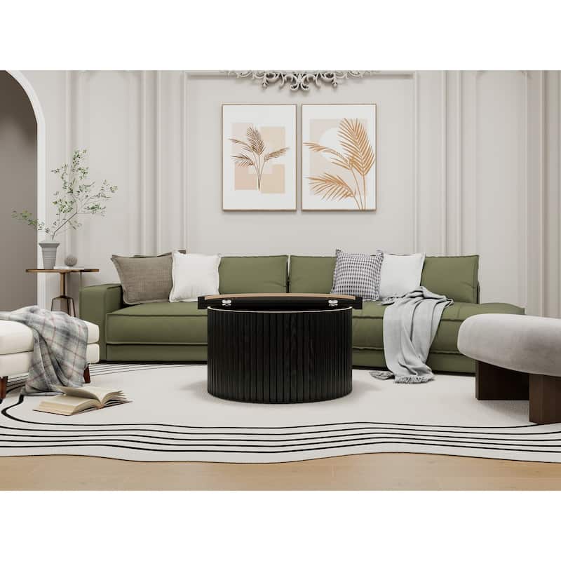 Round Coffee Table with Wood Grain Vertical Stripes, Small Fluted Circle Side Table, Center Table with Adjustable Feet