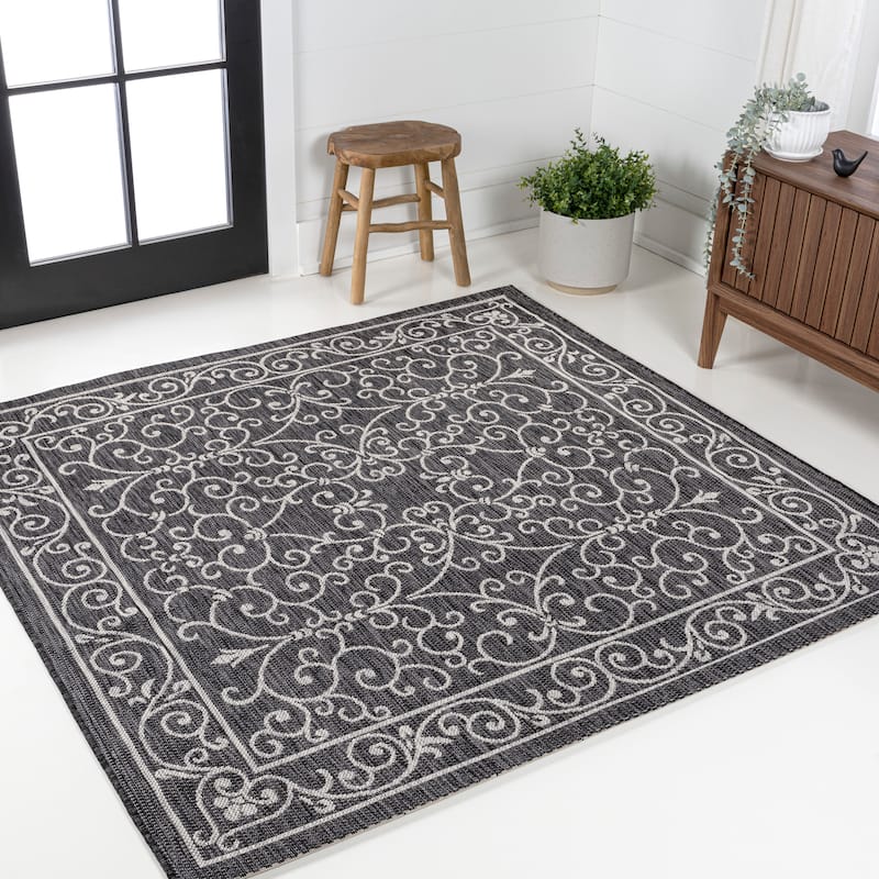 JONATHAN Y Filigree Textured Weave Indoor/Outdoor Area Rug - 3' Square - Black/Gray