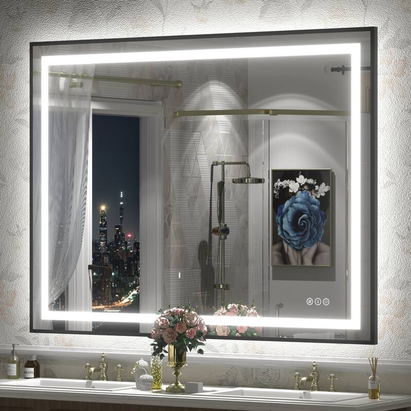 Black Metal Framed LED Front Light and Backlit Anti-Fog Wall Bathroom/ Vanity Mirror - 48" x 36"-Square Corner - Black