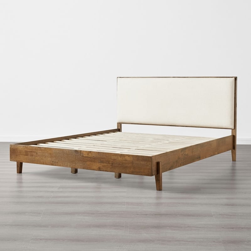 Spruce & Spring Modern Bouclé Platform Bed with Upholstered Headboard & Solid Wood Frame
