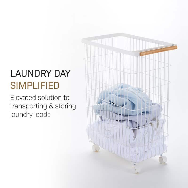 Yamazaki Home Rolling Wire Basket, Steel and Wood, 14.5 gallons, 55L, Holds 17.6 lbs - L 18.7 x W 11.02 x H 24.02 inches
