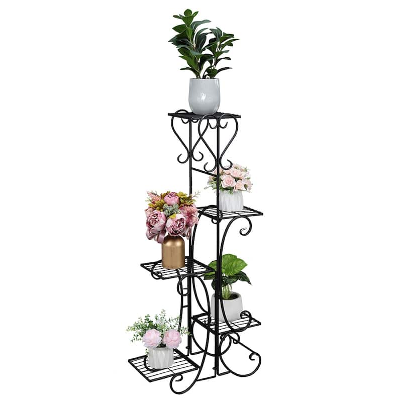Plant Shelf Stand 5 Tier Shelves Patio Plant Holder Indoor Outdoor - Square - Black