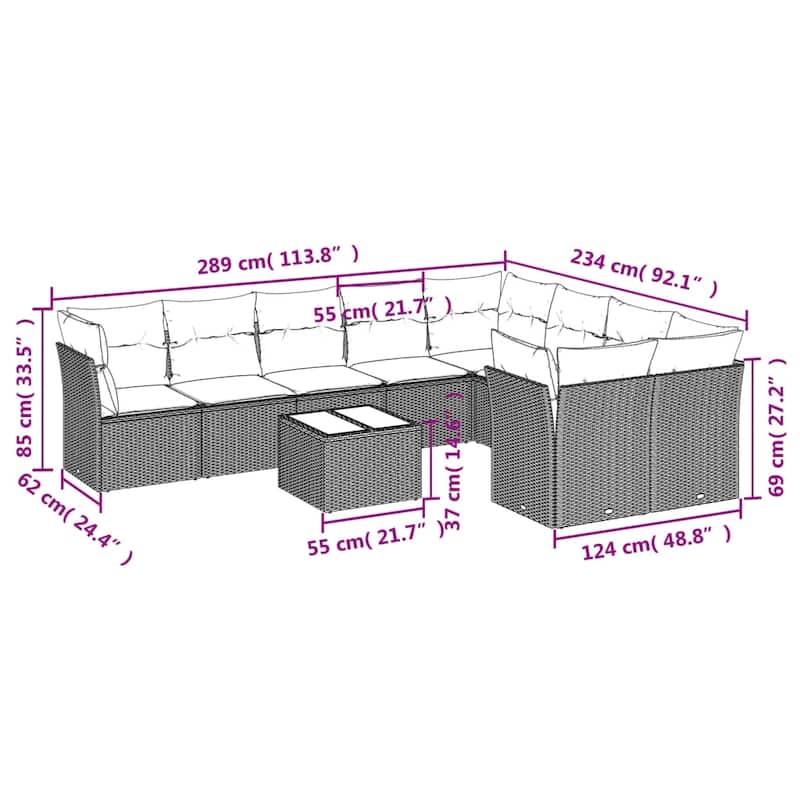 vidaXL Garden Sofa Set Black PE Rattan Large Adjustable Feet - 21.7 x 21.7 x 14.6