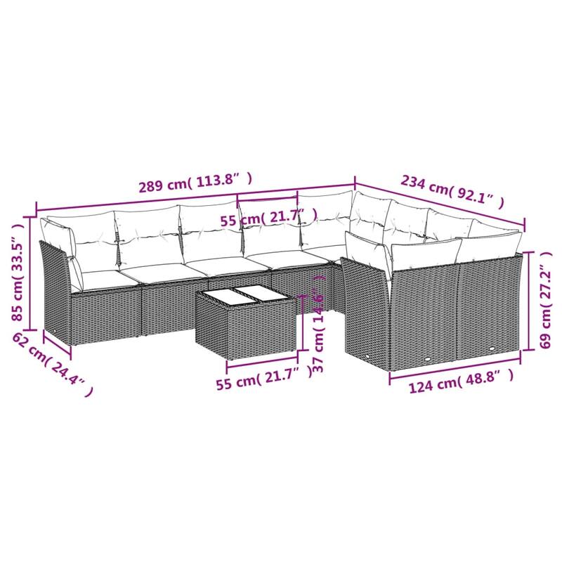 vidaXL Garden Sofa Set Brown PE rattan Medium Adjustable Armrests - 21.7 x 21.7 x 14.6