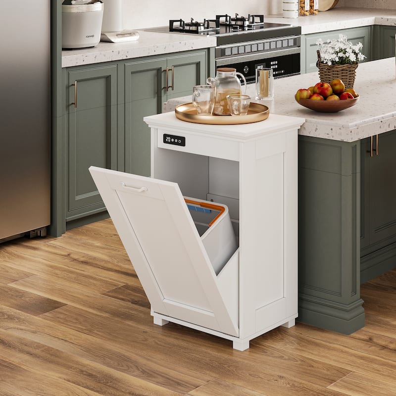 Ozone Deodorizing Tilt-Out Wooden Trash Cabinet with Hidden Bin – Odor Removal Waste Bin Cabinet for Kitchen and Laundry Room