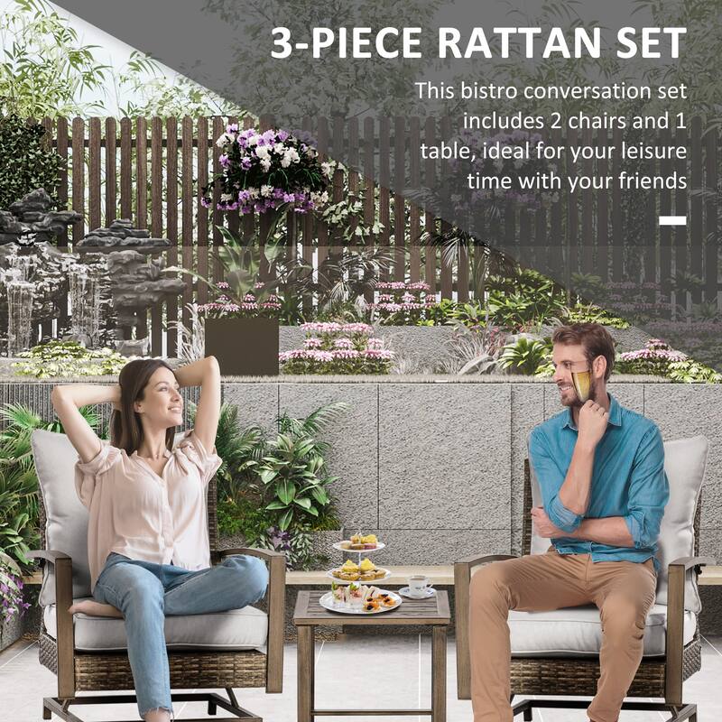 Outsunny 3-Piece Patio Bistro Set, PE Rattan Wicker Outdoor Furniture with Soft Cushions, 2 Rocking Chairs