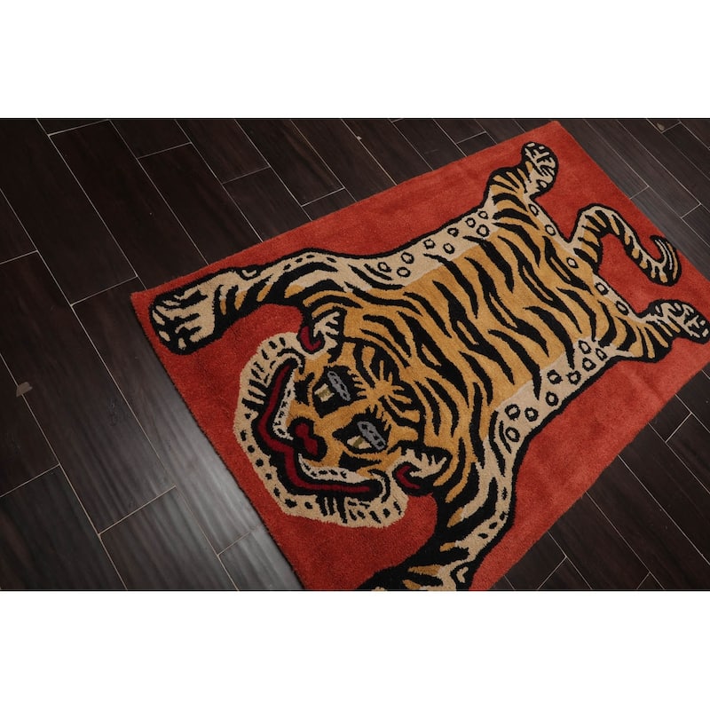 Hand Tufted Hand Made Wool Tiger Novelty Oriental Area Rug Teracotta - 3' x 5'