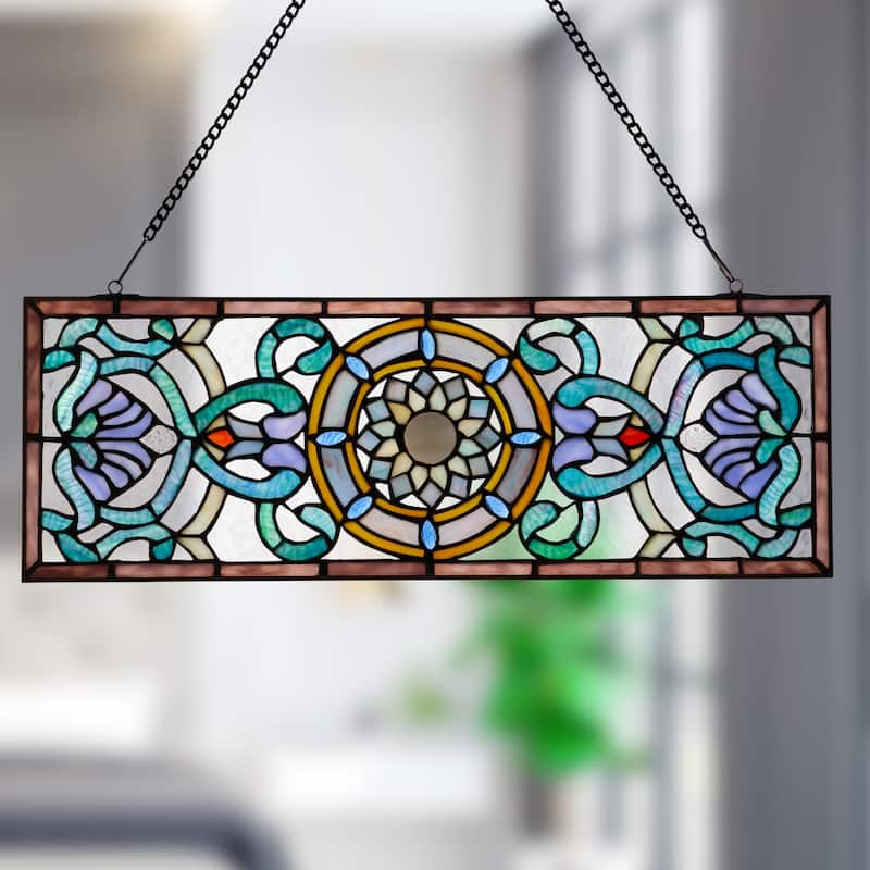 Flourished and Flowers River of Goods Shades of Blue Stained Glass Window Panel - 24" x 0.25" x 8.5"