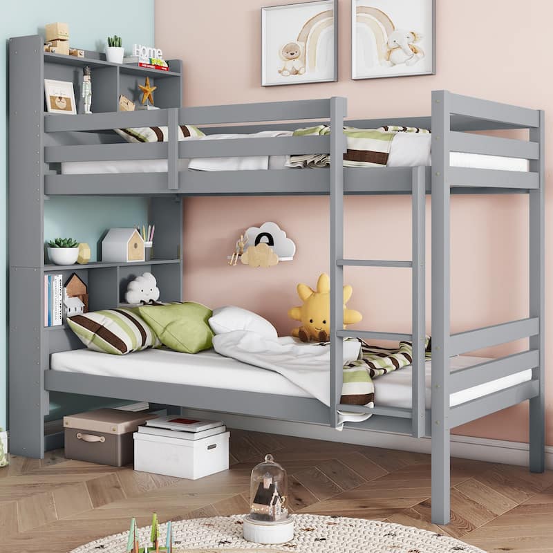 Twin Bunk Bed with Bookcase Headboard and Convertible 2-in-1 Design Safety Guardrails & Ladder (250lb Capacity) - Grey