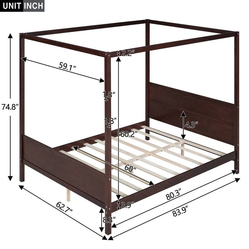 Queen Pine Canopy Platform Bed with Slat Support