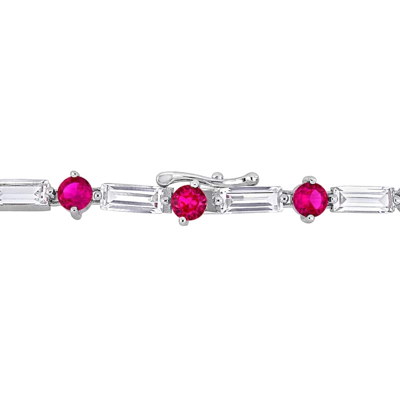 Miadora Baguette and Round-cut Created Ruby & White Sapphire Tennis Bracelet in Sterling Silver